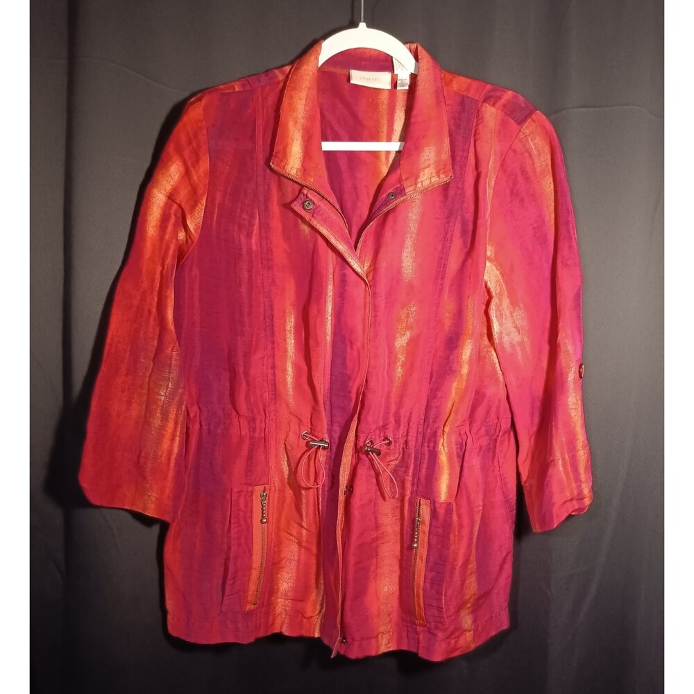 Chico’s Size 2 Linen Blend Jacket Semi Sheer Red Pink Stripe Drawstring Boho